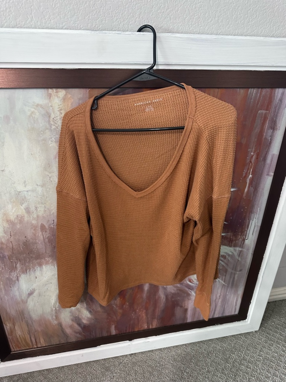 American Eagle Outfitters Waffle Knit V-Neck Sweater in Rust Brown